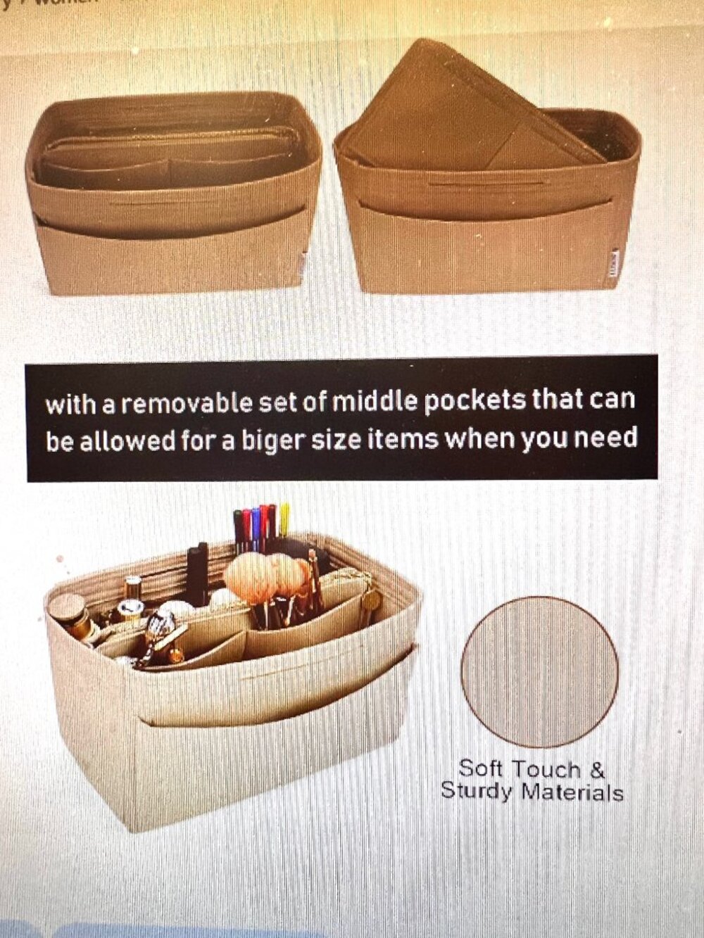 Lexsion-NWT-Felt Insert Bag Organizer for Purse-Tan/Gold-12 Pockets-Lightweight